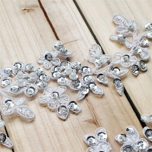 1 Pair Elegant Mirror Pair Sequined Lace Applique Heavily Beaded Patch For DIY Sewing Wedding Prom Ball Gown Ballet Bridal