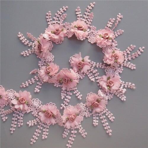 1 yard Pink Chiffon Rose Flowers Fringe Lace Embroidered Tassel Lace Trim Ribbon Fabric Sewing Craft Wedding Dress Decoration