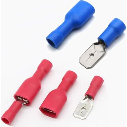 100 PCS FDD 1.25-250 MDD1.25-250 6.3mm Red Female + Male Spade Insulated Electrical Crimp Terminal Connectors Wiring Cable Plug