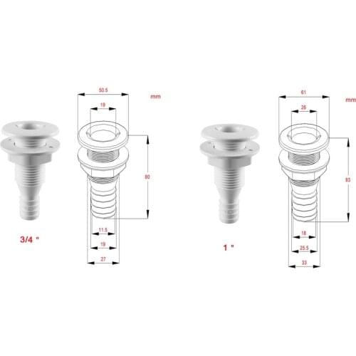 4pcs 1" & 3/4" Nylon Thru-Hull Bilge Pump and Aerator Hose Fitting for Boats
