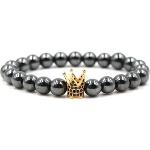 8mm th324 elastic adjusted nature hematite bead micro pave Crown cz cubic zirconia Bracelet for Women