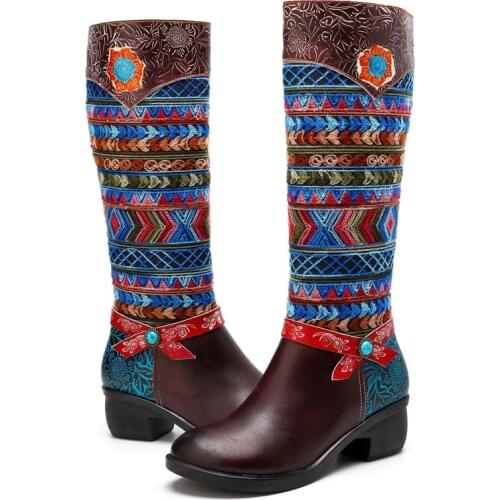 Bohemian Mid-calf Boots Women Sheep Leather Vintage Winter Boots Women Shoes Woman Zipper Chunky Block Heel Ladies Shoes