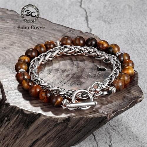 Mens Tiger Eye Stone Beaded Bracelet Handmade Stainless Steel Chain Yoga Bracelets femme Male Wristband Jewelry Dropshipping