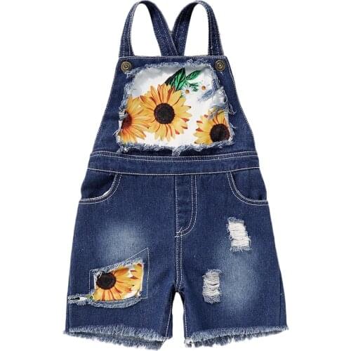 Summer Baby Girls Casual Suspender Pocket Flower Print Trousers Square Collar Sleeveless Denim Cloth Overalls Navy/ Navy White