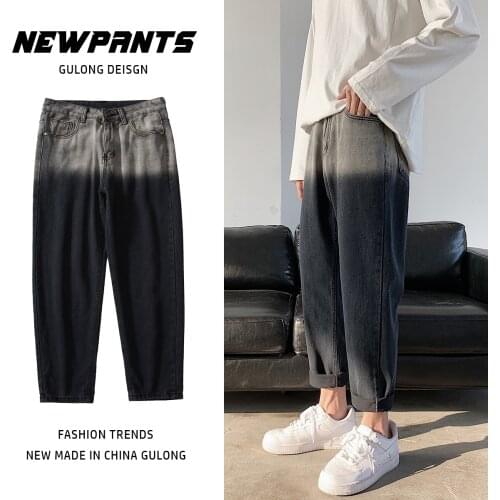 Jeans Men Casual Loose Straight Denim Pants 2021 Mens Fashion Gradient Black/Blue Trousers Streetwear Cowboy Jean Ankle-pants