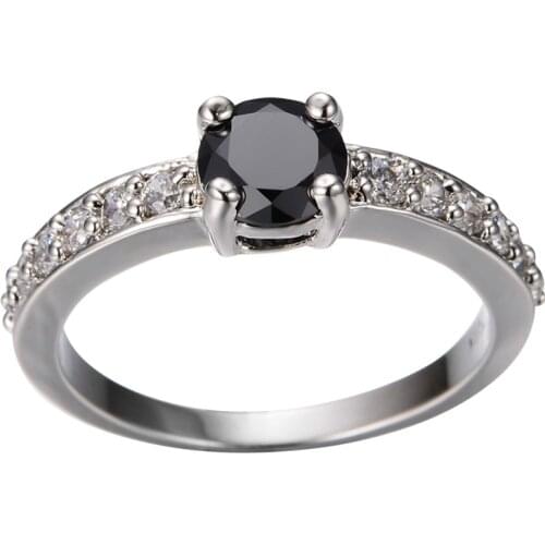 Cool Female Black Crystal Stone Ring Classic Silver Color Wedding Ring Simple Round Zircon Thin Engagement Rings For Women