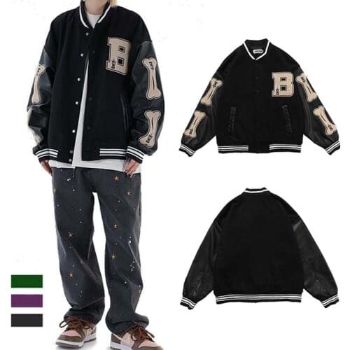 Hip Hop College Jacket Men Harajuku Furry Bone Letter Patchwork Color Block Jackets Streetwear Bomber Coats Baseball Outerwear