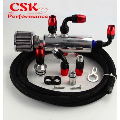 Oil Catch Can Tank Reservoir + Breather Filter w/ Hose Kit For Honda Acura VTEC Black / Silver