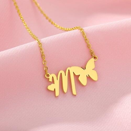 Minimalism Butterfly Pendants Necklaces Stainless Steel Initial Letter Jewelry For Women Butterfly Accesorios Best Friend Gifts