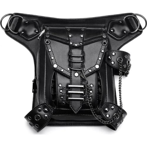 Girls Gothic Waist Bag Fanny Pack Leather Steampunk Bag Side Bag Travel Purse Black PU Leather Fashionable and Unique