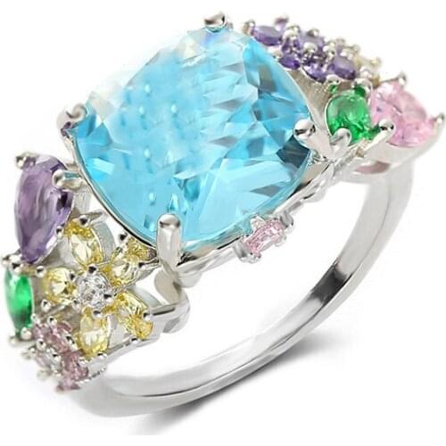 Romantic Rings For Women Silver 925 Engagement Jewelry Shiny Zircon Colorful Square Flower Ring Lady Wedding Accessories KOFSAC