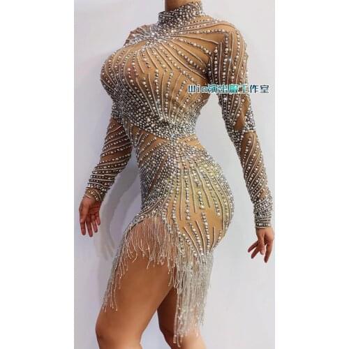 Sexy Women Dancer Dress Long Sleeves Silver Rhinestones Fringe Transparent Mirror Dress Birthday Outfit Dress Singer Dancewear