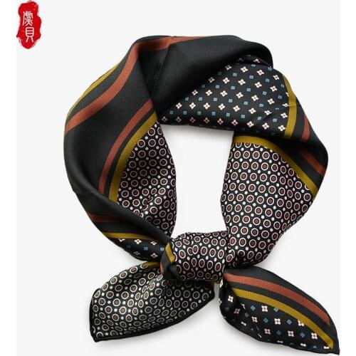 Black green twill silk scarf women printed dots 100% real silk scarves 65cm medium square headband girl shawl wrap ladies gift