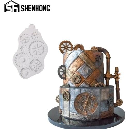 SHENHONG Mechanical Gear Fondant Dessert Border Decorating Tools Silicone Cake Molds Gumpaste Baking Mould Pastry Tray