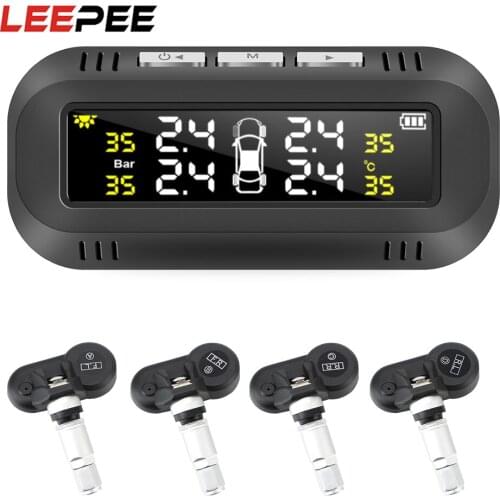 LEEPEE Solar TPMS Car Tire Pressure Monitoring System 4 Internal Sensors Intelligent Temperature Warning Alarm Digital Display