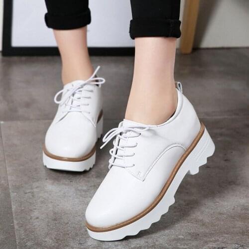 British Style Lace Up Heel Shoes for Women Wedges Heels Women Shoes Platform Leather Black and White Pumps Womens Shoes Casual