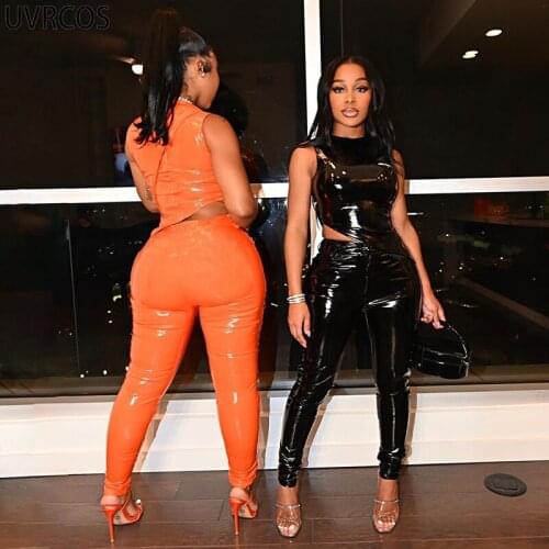 UVRCOS Pu Leather Pants Suits Summer Y2K Clothes New Trend For Women Sleeveless Irregular Top+Sexy Skinny Pants 2 Piece Set Lady