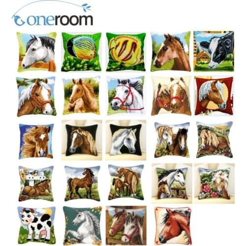 Cross Stitch Pillow Mat DIY Craft Horses Tapestry Pillow 42CM by 42CM Needlework Crocheting Cushion Embroidery