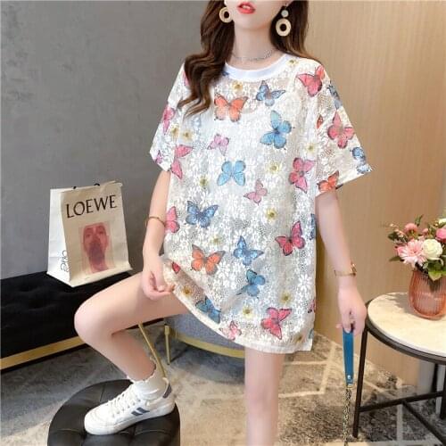 Butterfly lace hook flower hollow out medium length short sleeve T-shirt skirt womens loose net red super fire top