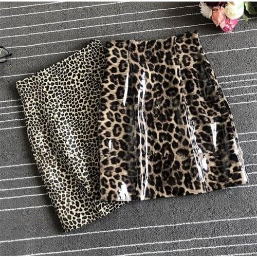 Sexy womens leopard mini Skirts 2019 Fall/winter high-waist patent leather Skirts A597