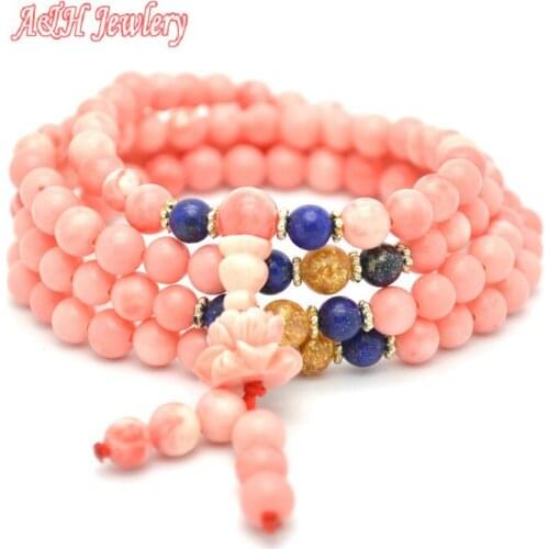 High Quality Pink Color 108 Prayer Mala Strand Bracelets Power Trdacna Multi-layer Bangle For Women Jewelry 5strand/lot