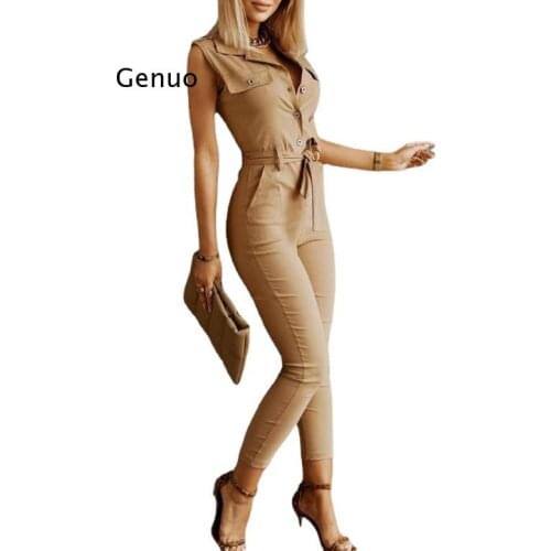 Women Elegant Tie-Up Belt Summer Romper Office Lady Pocket Sleeveless Solid Jumpsuit Fashion Button Cargo Pants Overall Playsuit