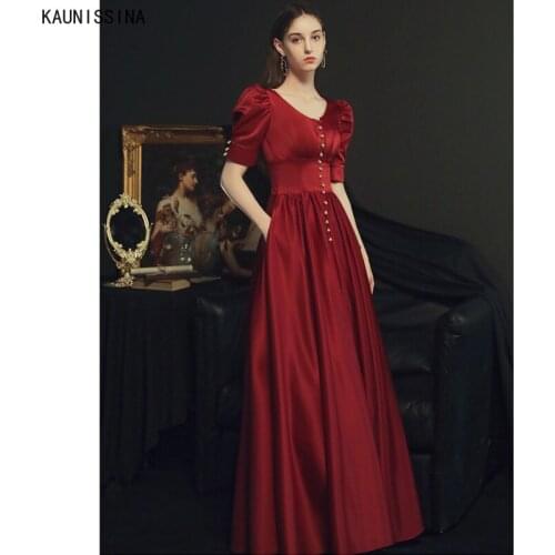 KAUNISSINA Elegant Evening Dresses Puff Sleeve V-Neck Pearls A-Line Satin Prom Dress Vintage Formal Gown for Women Custom Made