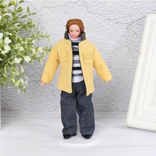 1Pc Dollhouse Miniature Porcelain Doll Model Yellow Jacket Youth Dollhouse Doll Role Play Toy