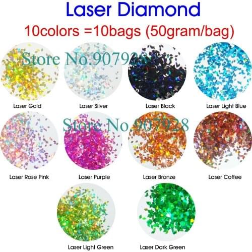 10Laser Colors x 50g/Color Dazzling Diamond Glitter Paillette Spangles Shape for DIY Nail Art Decoration-Free Shipping
