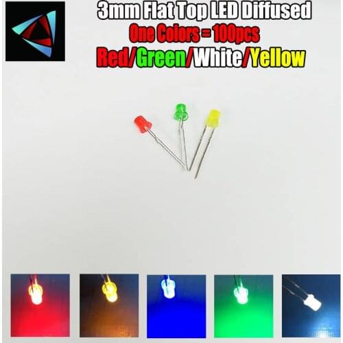 100pcs 3mm 2pins Flat Top LED Diffused White Red Yellow Blue Green Wide Angle light emitting diode lamp