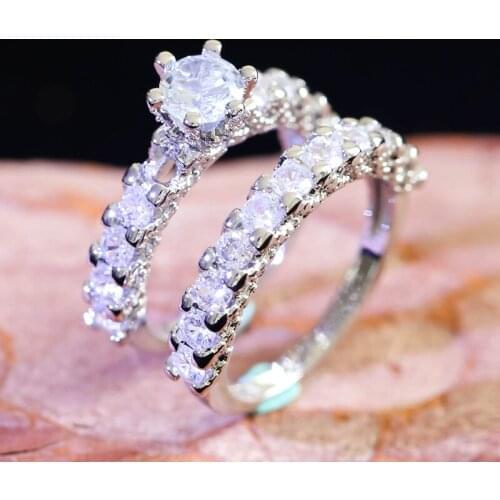 2pcs/set Silver Plated White CZ Stone Ring For Women Girls Wedding Party Engagement Couple Rings Delicate Jewelry Gift