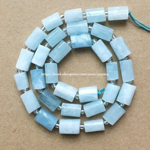 7'' Natural Faceted Brazil Aquamarines Cylinder Spacer Stone Beads For Jewelry DIY Making