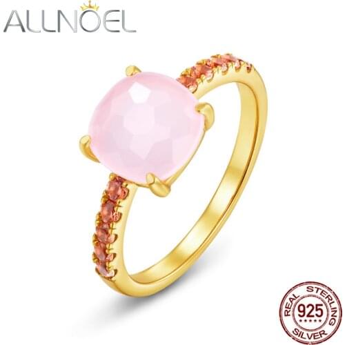 ALLNOEL 100% 925 Sterling Silver Ring For Women Synthetic Rose Quartz Ring Gold-Plated Candy Series Engagement Fine Jewelry