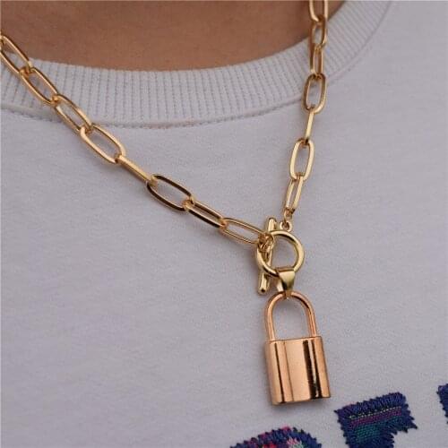 Hiphop Gold Paperclip Chain Necklaces For Women Lock Pendants Necklace Stainless Steel Link Chain Bijoux Femme Men Birthday Gift