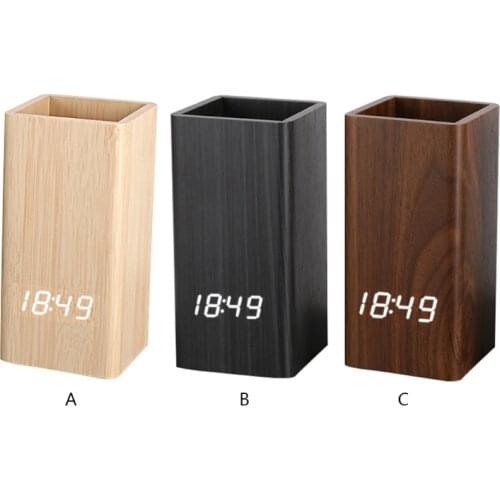 Voice Control Digital Wooden Pen Holder Alarm Clock Creative Student Desktop USB/Battery Operated LED Pencil Organizer Drop ship