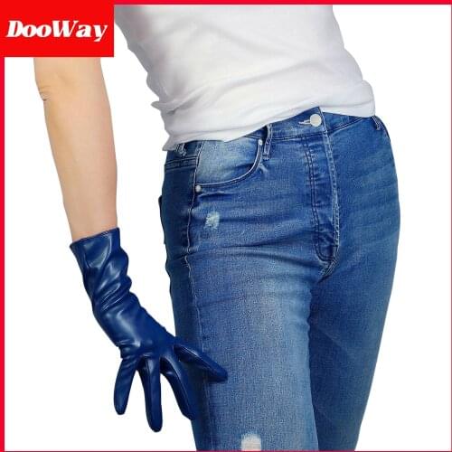 DooWay Women Faux Leather Gloves Middle Length 11inches Winter Warm Navey Blue