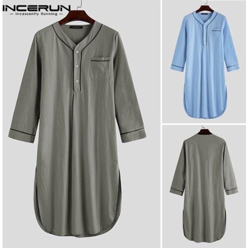 INCERUN Men Sleep Robes 2021 Long Sleeve V Neck Button Homewear Leisure Cozy Bathrobe High Quality Mens Nightgown Pajamas Dress
