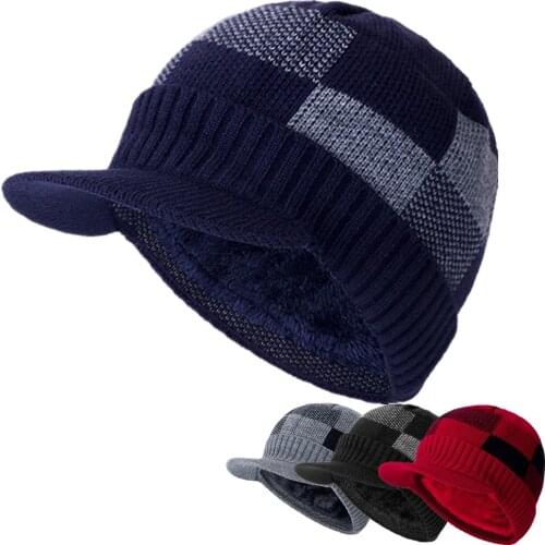 New Men Warm Winter Hat With Brim Stylish Add Fur Lined Soft Beanie Hat Lattice Design Thick Winter Hats For Men Knitted Hat