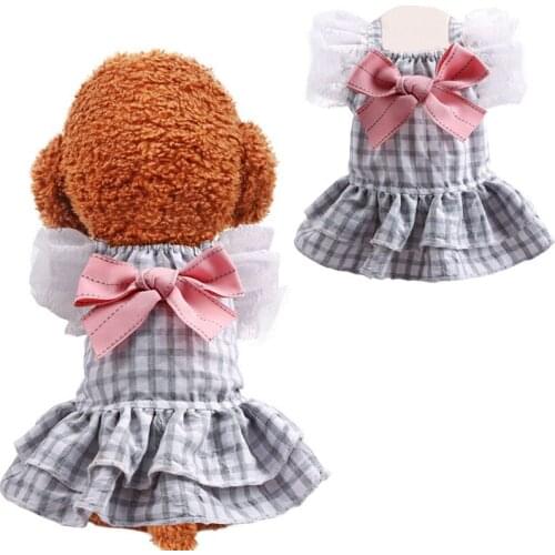 Cute Big Bowknot Plaid Summer Dresses Lace Flying Sleeve Cat Tutu Skirt For Small Dogs Cardigan Shirt Dress Pet Outfit Clothing