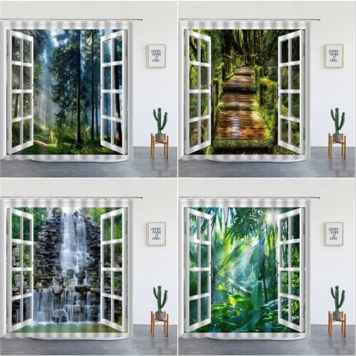 Forest Landscape Shower Curtains Waterfall Green Plant Scenery Wall Hanging Bathroom Decor Set Polyester Fabric Bathtub Screen