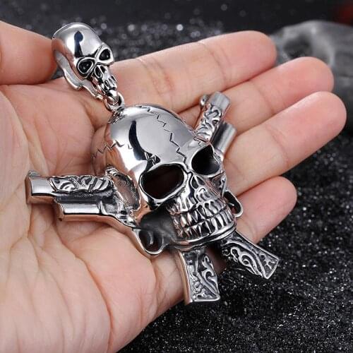New Male Costume Accessory Stainless Steel High Quality Gun&Skull Cool Pendant Necklace Punk Gothic Biker Jewelry