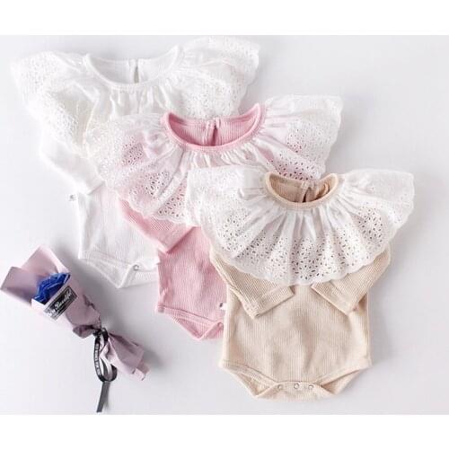 Autumn Newborn Bodysuits Baby Clothes Toddler Girls Bodysuits Korean Baby Ribbed Bodysuits with Lace Collar Casual Baby Outfit