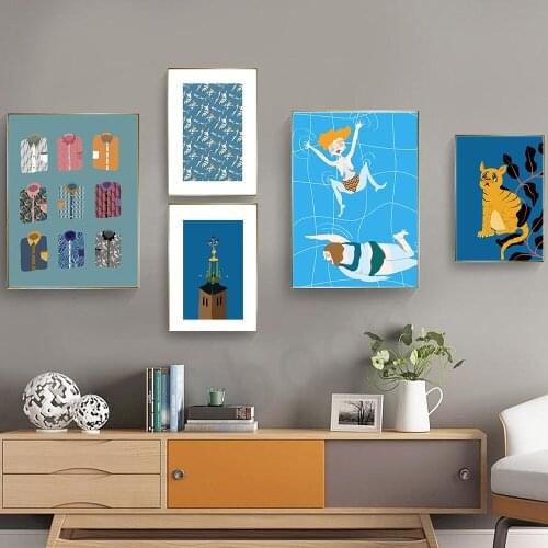 Swimming Pool Poster Abstract Canvas Painting Shirt Tiger Print Town Hall Wall Art Pictures for Living Room Interior Home Decor