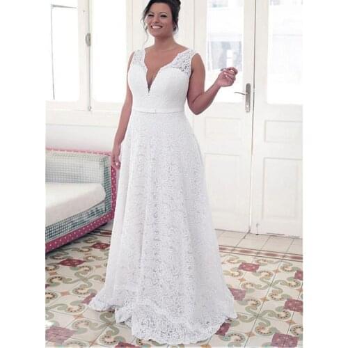 Full Lace Wedding Dresses for Bride Double V Neck Sleeveless Beach Wedding Bridal Gown Plus Size Robe De Soirée De Mariage