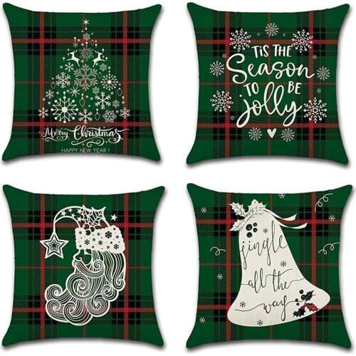 Merry Christmas Cushion Cover Linen Green Plaid Decor Bell Deer Pillow Cover For Home Sofa Throw Pillowcase 45X45cm cojines