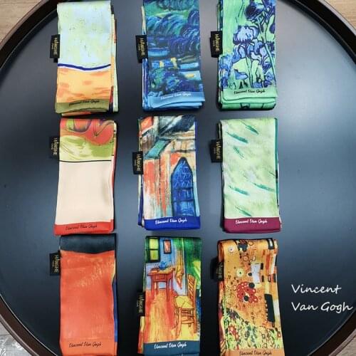 Van Gogh Oil Painting Twill Silk Scarf Women Neckerchief Skinny Scarf Bag Ribbons Female Neck Tie Head Scarves Wraps For Ladies