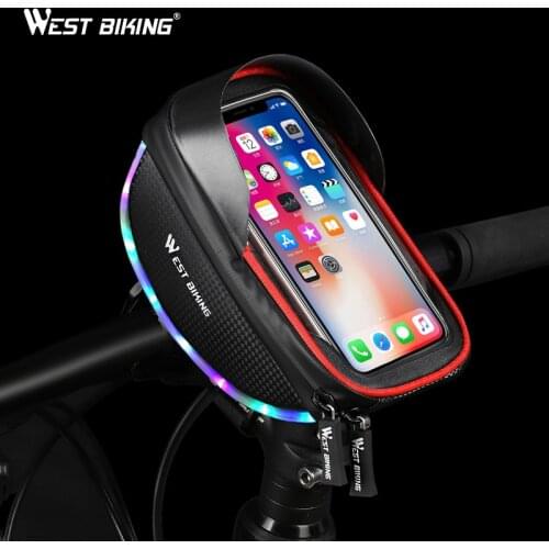 WEST BIKING Cycling Bicycle Bag With Warning Light Waterproof Touch Screen Phone Bags For 6 Inch Phone Handlebar Frame Tube Bag