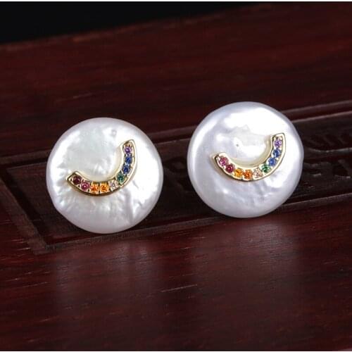Micro pave rainbow cz tiny crescent moon wave horse shoes charms natural coin freshwater pearl bead charm stud earring for women