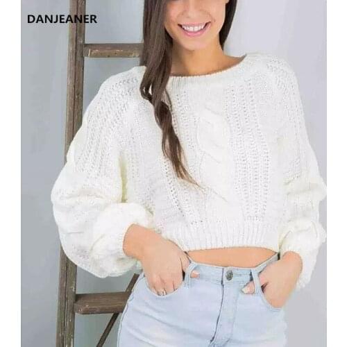 Danjeaner Muti Colors Autumn 2018 Knitting Pullovers Women Retro Lantern Sleeve Twisted Short Sweaters Knitted Jumper Pull Femme