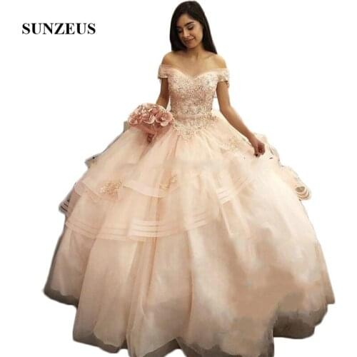 Beaded Ball Gowns Quinceanera Dresses Off the Shoulder Ruffles Tiered Puffy Tulle Appliques Prom Party Gowns vestidos de15